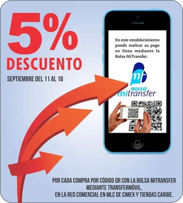 📢Se les recuerda que hasta el 18 de septiembre usted obtendrá un  𝟓% 𝐝𝐞 𝐝𝐞𝐬𝐜𝐮𝐞𝐧𝐭𝐨 𝐩𝐚𝐫𝐚 𝐜𝐨𝐦𝐩𝐫𝐚𝐬 𝐜𝐨𝐧 𝐥𝐚 𝐁𝐨𝐥𝐬𝐚 𝐌𝐢𝐓𝐫𝐚𝐧𝐬𝐟𝐞𝐫 de #Transfermóvil, en la red comercial en moneda libremente convertible de <a href="/cimex_cuba/">Corporación CIMEX S.A</a>, que presten este servicio.