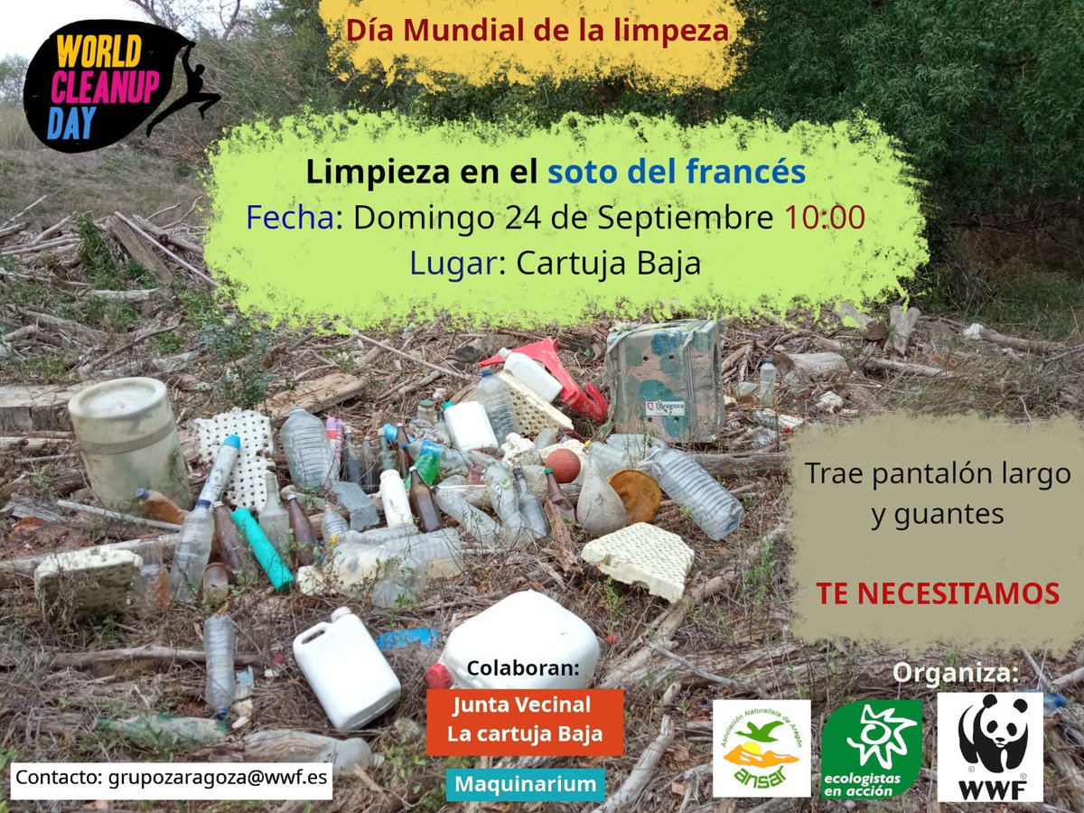 DÍA MUNDIAL DE LA LIMPIEZA.
Os animamos a participar en esta acción en la que ANSAR, junto a otras plataformas, estará presente el próximo domingo, 24 de septiembre. 
Ven a la Cartuja y colabora en la limpieza del soto del francés.
#Sotodelfrancés #Defensa #Naturaleza #Aragón