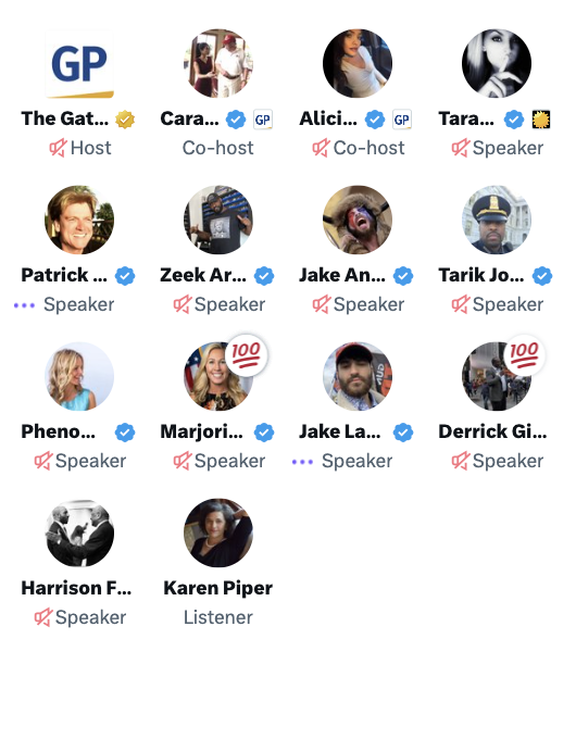 Interesting that Twitter Spaces is the go-to place for J6ers to strategize. 

Byrne showed up and offered Tarrio $100,000, calling the insurrectionists "heroes."  

Marjorie showed up. 3/