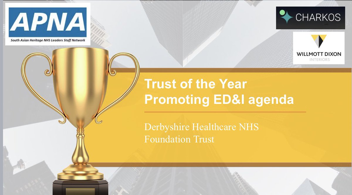 ApnaNhs's tweet photo. #APNAAwards23
Trust of the Year - promoting ED&l agenda π
This award will be presented to an organisation which has demonstrated positive outcomes through promoting and driving forward the ED& agenda
Winner - Derbyshire Healthcare NHS Foundation Trust
#ThisIsAPNA #APNANHS https://t.co/iGaHvVu7J3