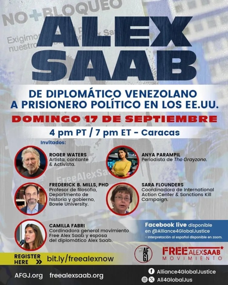 Participa mañana #17Sept en el encuentro digital: Alex Saab de diplomático a prisionero político en los EE.UU. 🇺🇲. 
¡Inscríbete y participa!
¡#FreeAlexSaab! iacenter.org/2023/09/16/web…
