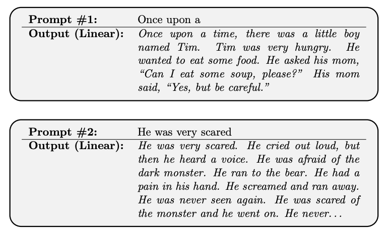 It's really surprising how far one can go with *linear* predictors in the autoregressive setting. 

Interesting theory and experiments on TinyStories: a linear model (with 162M params :-) ) can generate totally coherent text with few grammatical mistakes.

arxiv.org/abs/2309.06979