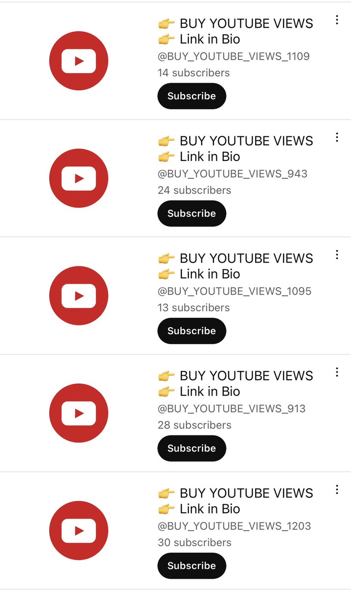 sankarpandi's tweet photo. @TeamYouTube why do you allow bot accounts like this, looks like all these are associated to only one video 
https://t.co/EuKzZ0zRPV

All these “buy youtube views” accounts used to spam channels.There are 1000+ accounts like this.I get comments from these different accounts daily https://t.co/aRGn7ottTn