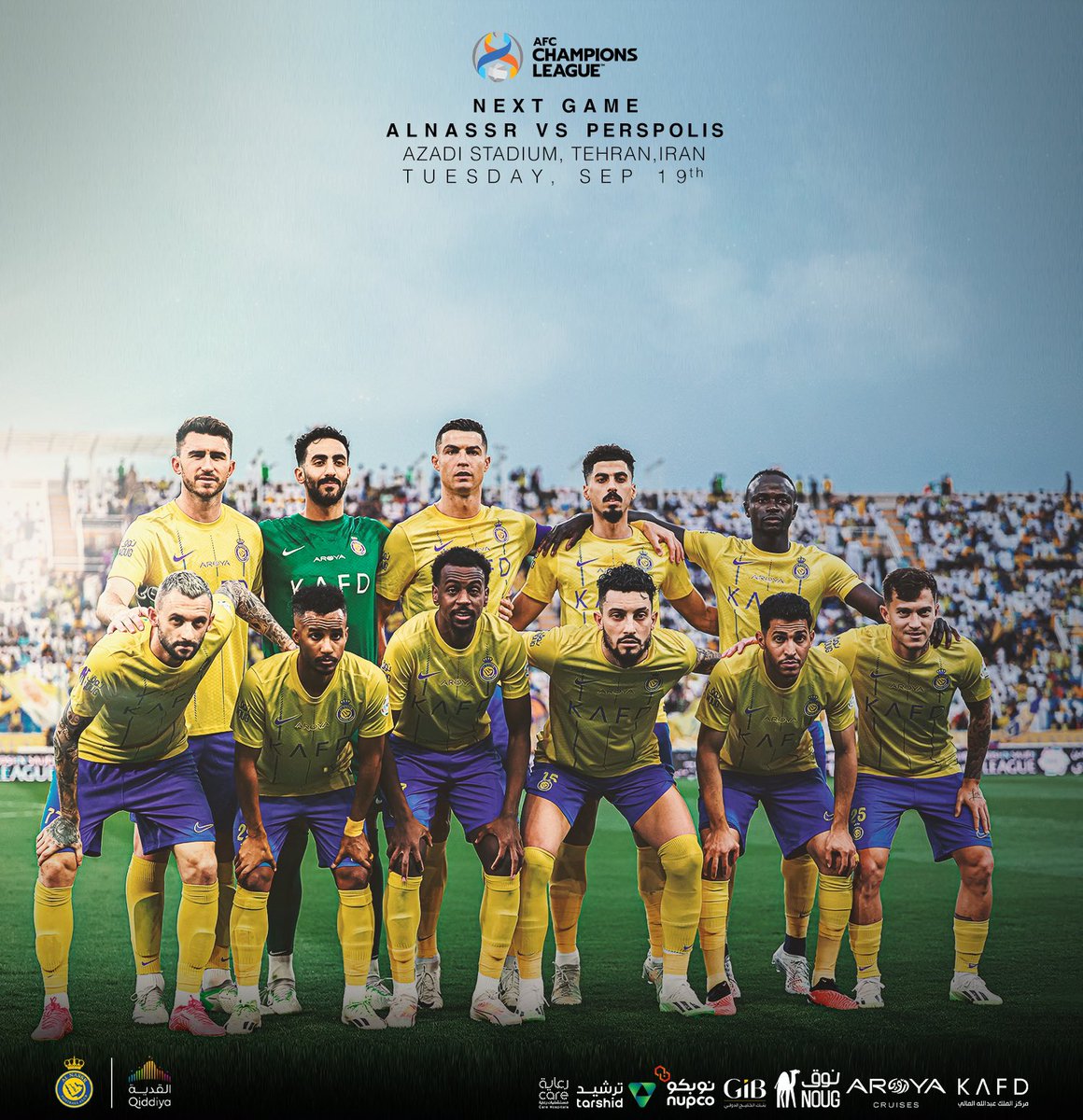 AlNassrFC's tweet photo. بحمـد الله وصلنا بالنقاط الثلاث إلى الرياض 💛

وسنبدأ مساء الغد استعدادنا للقاء الثلاثاء القادم امام بيرسبوليس الإيراني في طهران ✈️ https://t.co/SfYoeBmLsV