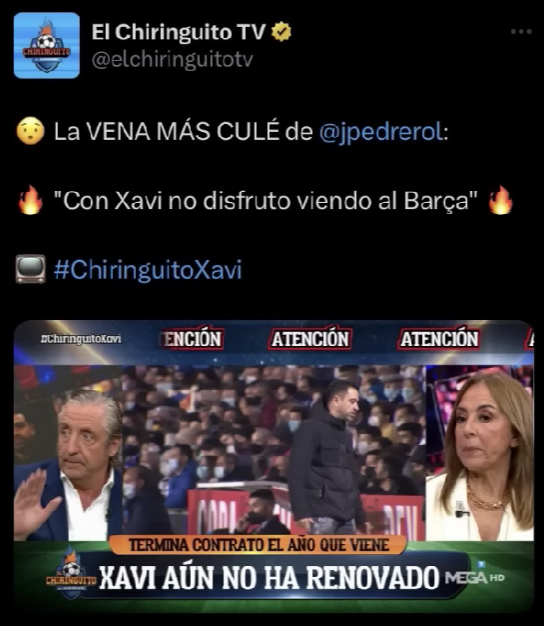 CuentaMister's tweet photo. Normal @jpedrerol , ni a ti, ni a tu jefe, ni a tus amigos antibarcelonistas les gusta Xavi, lo que os gustaba era ver al Barça noveno en la jornada 12.

Sigue con la lucha, pero me parece que cada vez engañáis a menos gente https://t.co/gwoJ5NK5rb