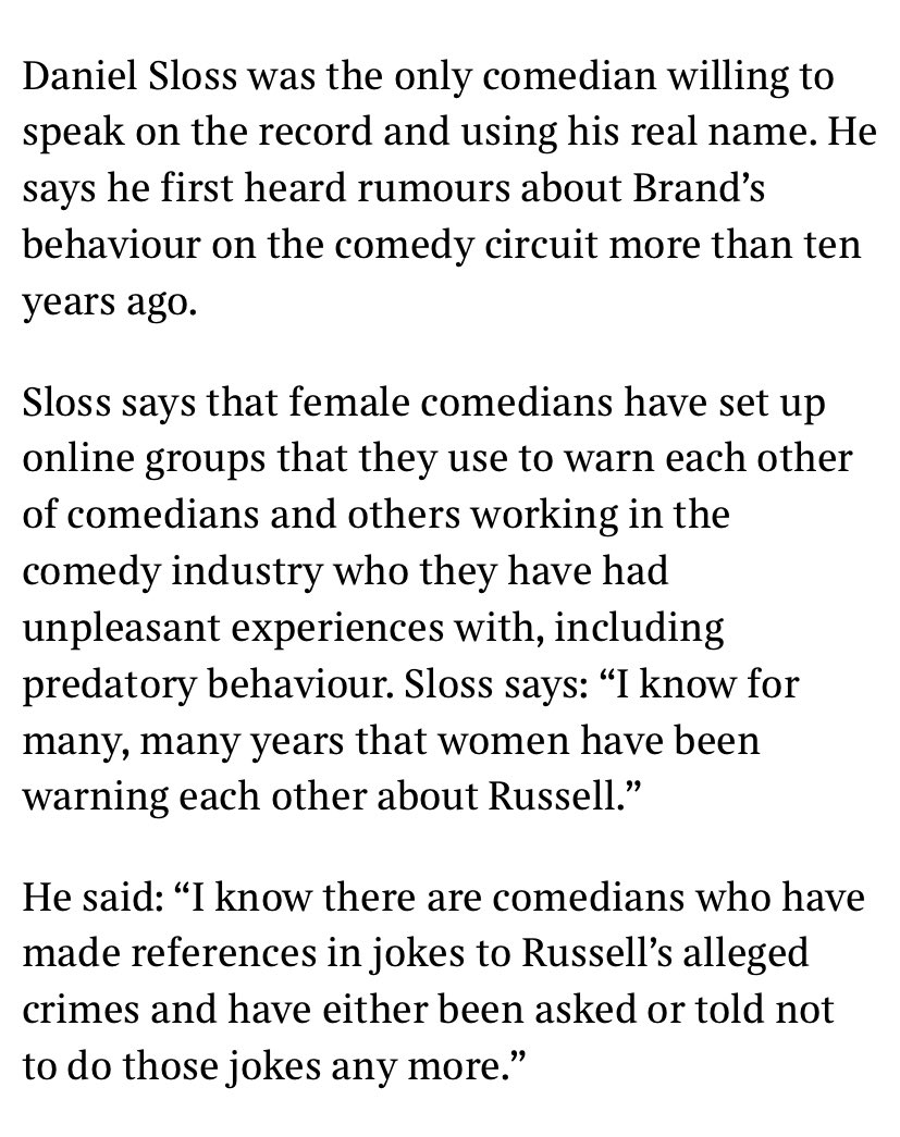 Good on Daniel Sloss too for being the only male comic willing to speak on record against Brand