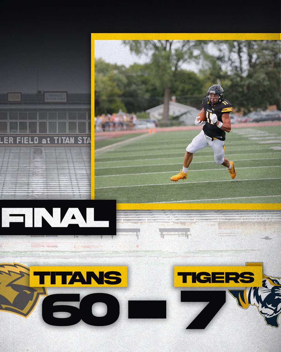 .<a href="/UWOFootball/">UW-Oshkosh Football</a> with the decisive 60-7 win over East Texas Baptist 💪

The Titans did not allow the Tigers to score after the first quarter ❌

Berghammer- 20-31, 216 yards, 5 TDs
Steger- 21 total yards, 2 TDs
Dietzen- 10 tackles
Titans held ETBU to 135 yards

#GoldStandard #d3fb