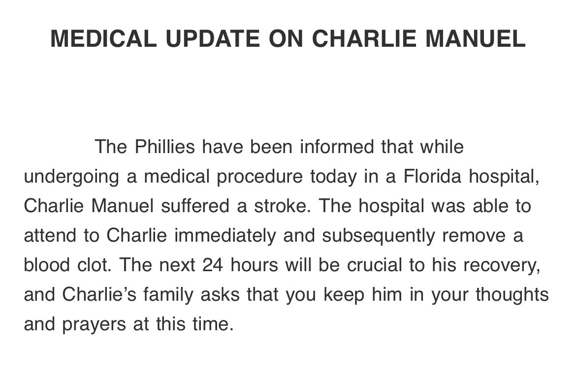 ByDavidMurphy's tweet photo. Keep Charlie Manuel in your prayers please https://t.co/NhO6X8hA3W