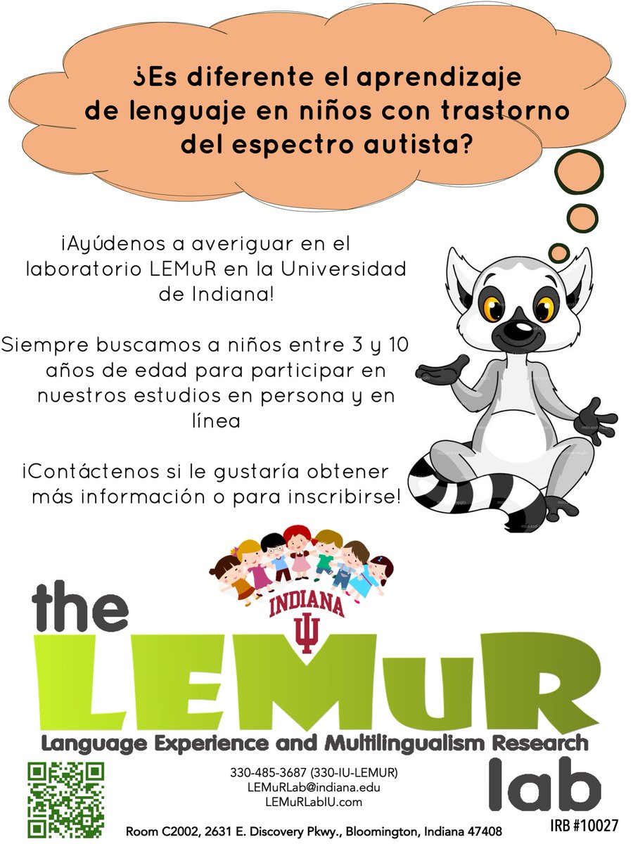 We are conducting an online study on how children with or without Autism Spectrum Disorder (ASD) learn new words! If you have a child with or without ASD between the ages of 4 and 10 years, and you would like to learn more, visit the link below!
redcap.uits.iu.edu/surveys/?s=P9M…