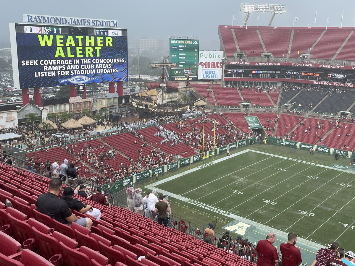 Richard Rickart Photography (@rickartphoto) on Twitter photo Current conditions at Raymond James Stadium in #Tampa, Florida. Weather delay with 12:44 left in the second quarter with <a href="/USFFootball/">USF Football</a> ahead of the <a href="/AlabamaFTBL/">Alabama Football</a> Crimson Tide 3-0. Both teams have left the field. The fans have been asked to evacuate the stands and seek shelter. Current conditions at Raymond James Stadium in #Tampa, Florida. Weather delay with 12:44 left in the second quarter with <a href="/USFFootball/">USF Football</a> ahead of the <a href="/AlabamaFTBL/">Alabama Football</a> Crimson Tide 3-0. Both teams have left the field. The fans have been asked to evacuate the stands and seek shelter.