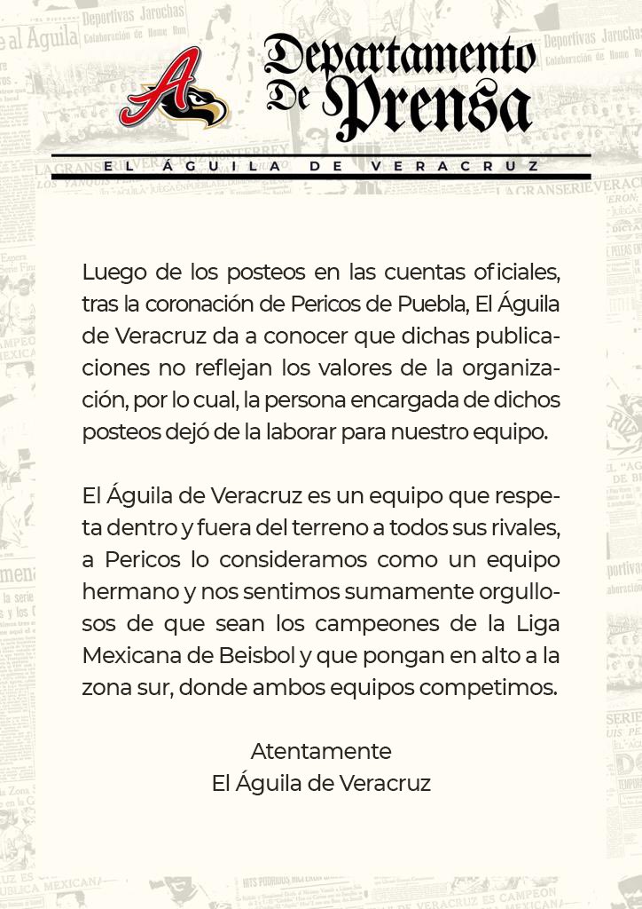 elaguilabeisbol's tweet photo. 🚨COMUNICADO OFICIAL🚨

Reiteramos nuestra felicitación a los @Pericos_Oficial por ser los campeones. 🏆🦜

La rivalidad solo es en el terreno de juego, afuera somos como hermanos. 🤝

Nos da gusto saber que la Zona Sur se quedó con la Serie del Rey 2023. 👍 https://t.co/3pBcqXGZaz