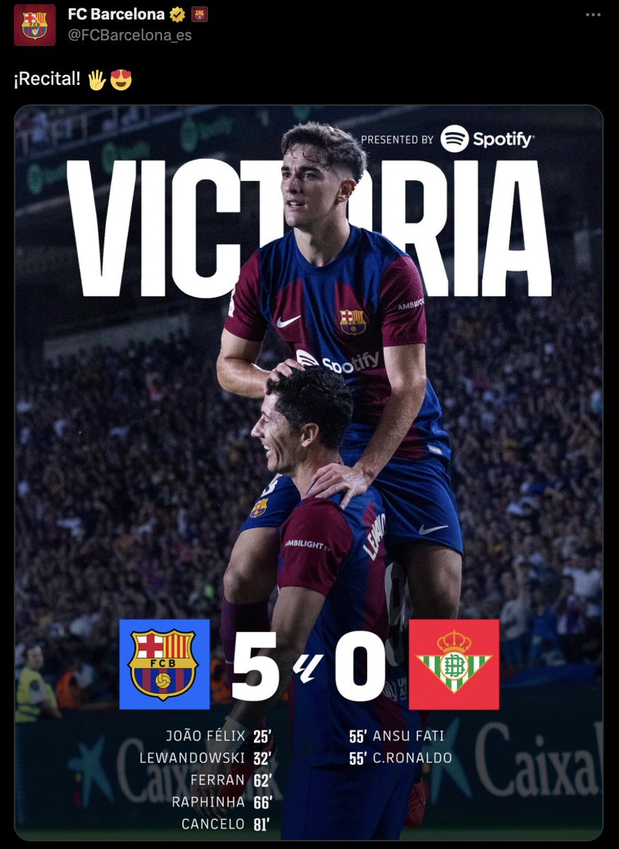 BarcaUniversal's tweet photo. The club's official account accidentally tweets a graphic with the names of Ansu Fati and Cristiano Ronaldo as scorers for Real Betis. https://t.co/kavdjAmv0b