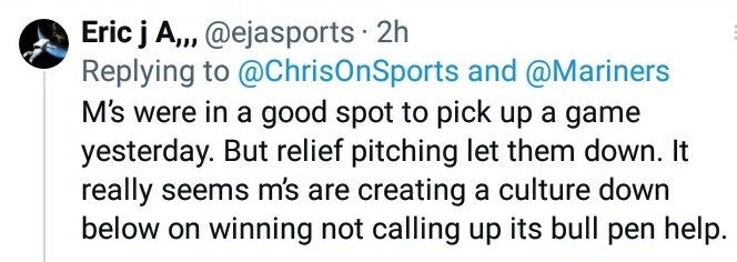 ChrisOnSports's tweet photo. Speaking of Dimwits

Genius @ejasports blamed Friday's 6-3 loss on the bullpen. Not the starter who gave up 4 Rs nor the offense which scored all of 3 Rs.

Says Dipoto won't call up players to help the M's make the playoffs in favor building a winning culture in the minors. SMH💯 https://t.co/gao5wU7XaW