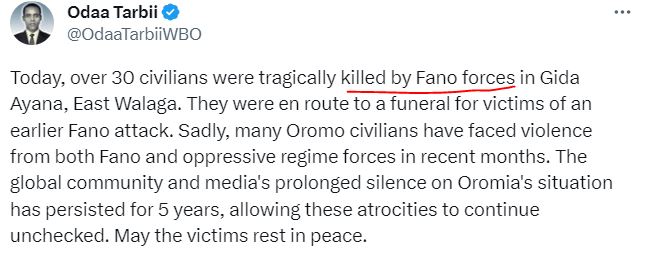 amorawwub's tweet image. .@OdaaTarbiiWBO Oromo Liberation Army (OLA) International Spokesperson claims that Amhara Fano killed Oromo civilians in east Wellega. The Oromo Liberation Front, the organization @OdaaTarbiiWBO works for, accuses the Oromo-led Prosperity Party soldiers of committing the crime.…