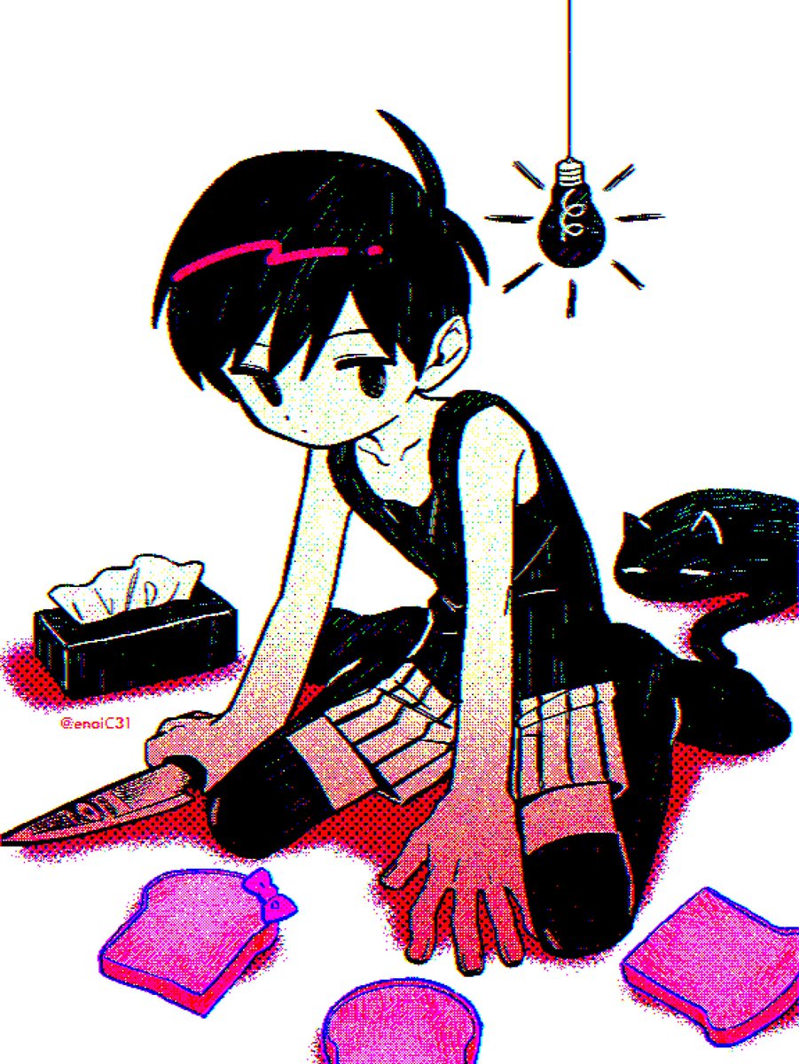 1boy knife tissue box cat black hair black eyes colored skin  illustration images