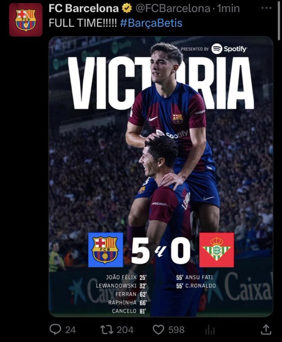 FC Barcelona’s official account posted Cristiano Ronaldo as a scorer for Betis. 📲😅