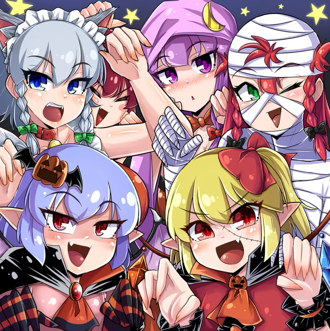 紅魔館勢「お菓子食れないと悪戯いちゃうぞ」discoサーバ一周年企画東方ワンプロダクションにて描かせて貰いましたハロウィンイラストです。一周年、おめでとうございます。#東方ワンプロダクション 
