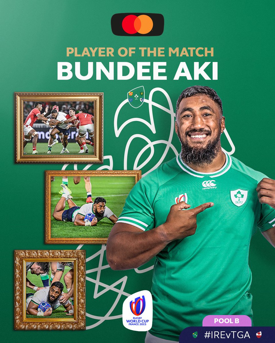 rugbyworldcup's tweet photo. Another dominant display in the @IrishRugby colours

Congratulations to @IrishRugby's Bundee Aki on being the @Mastercard #POTM 

#RWC2023 | #IREvTGA | #Priceless https://t.co/kmAXh334p2