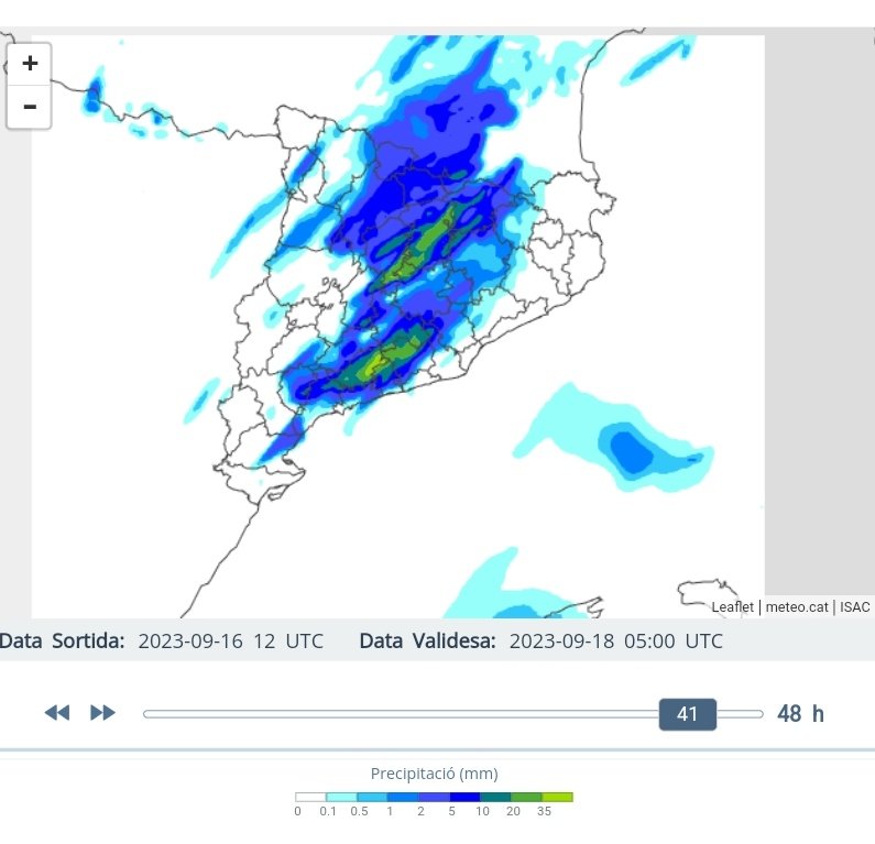 Vakapiupiu's tweet image. Model #Moloch preveu 35 a 42 mm matinada 06  07 h de dilluns 18 #setembre2023 a l'Alt Camp I sud del Solsonés, N Segarra I NW Bages. 
En 1 hora!
Nous càlculs. A veure els de demà