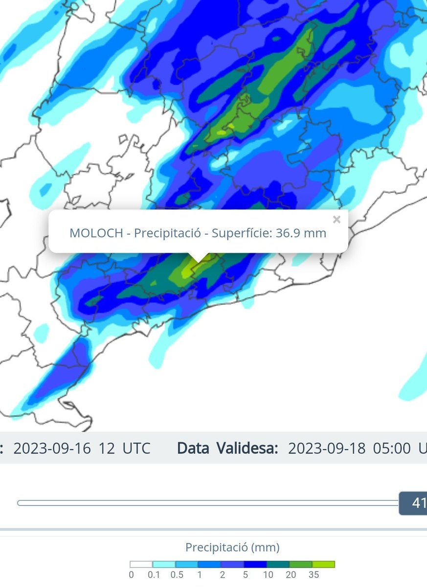 Vakapiupiu's tweet image. Model #Moloch preveu 35 a 42 mm matinada 06  07 h de dilluns 18 #setembre2023 a l'Alt Camp I sud del Solsonés, N Segarra I NW Bages. 
En 1 hora!
Nous càlculs. A veure els de demà