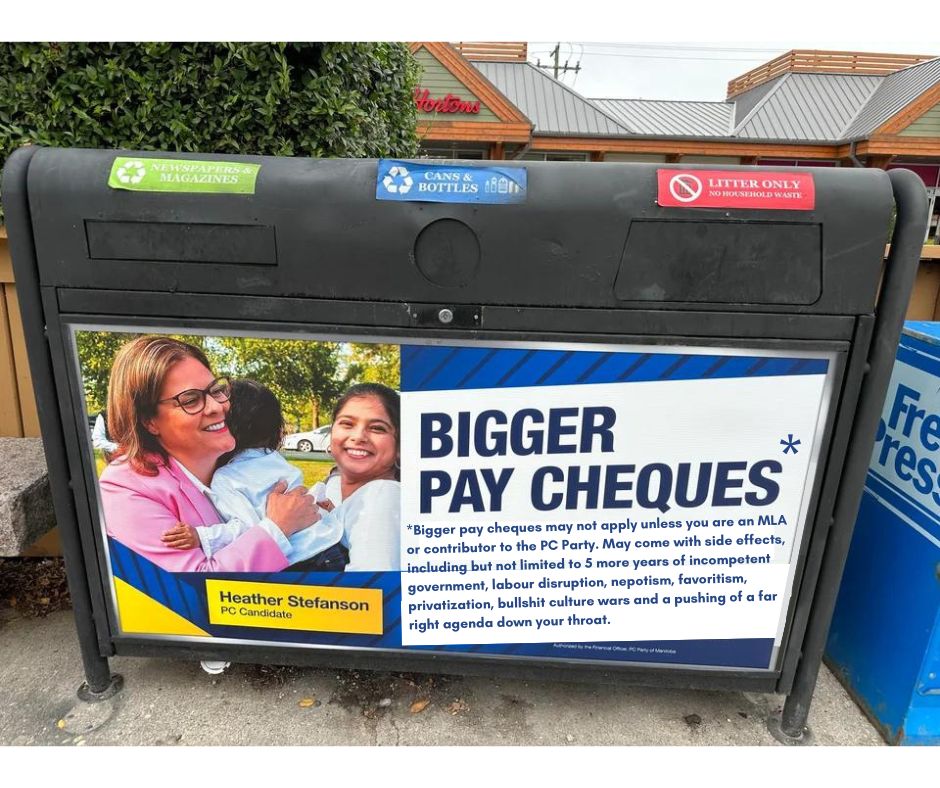 psyphigrad's tweet photo. Small  Print: Bigger pay cheques may not apply unless you are an MLA or contributor to the PC Party. Side effects may include 5 more years of incompetent government, labour disruption, nepotism, privatization, bullshit culture wars &amp; pushing a far right agenda down your throat. https://t.co/lPiuRdU7Ks