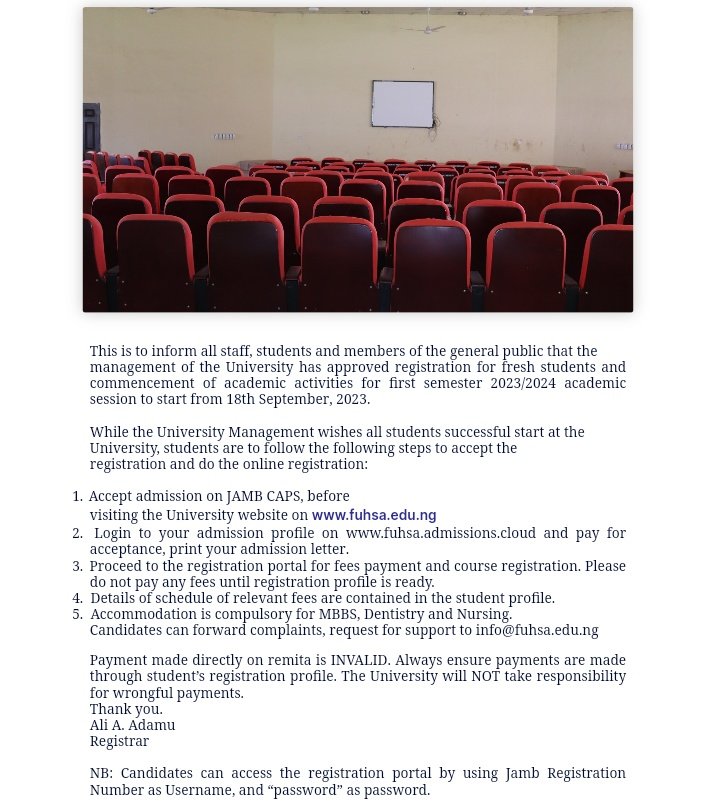 RELEASE OF 2023/2024 ADMISSION, REGISTRATION AND COMMENCEMENT OF ACADEMIC ACTIVITIES 

Click the link below to accept your school admission
fuhsa.admissions.cloud

Wishing you the best of Luck
See you on Campus!