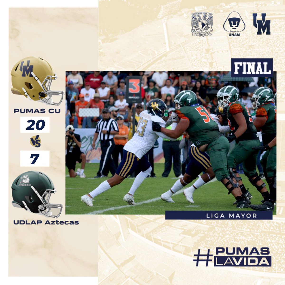 PumasCU_fba's tweet photo. 🔥Pumas CU vs Aztecas UDLAP
🏈🏈🏈Marcador final 

#SoyDeporteUNAM #PumasLaVida https://t.co/UjkUipMcrN