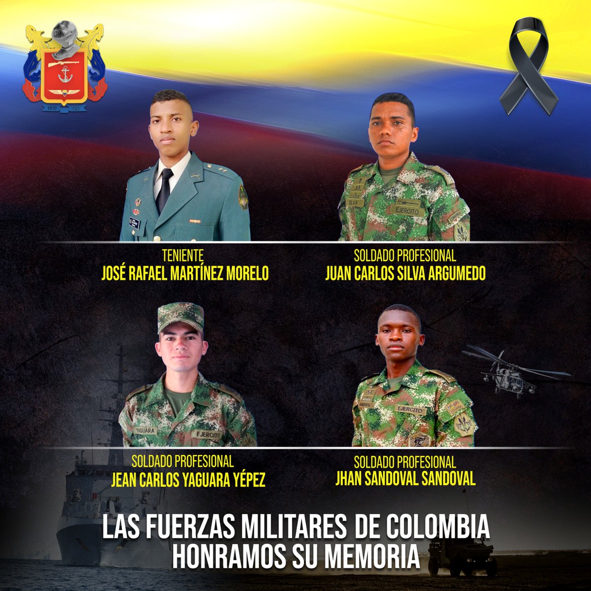 FuerzasMilCol's tweet photo. El teniente José Martínez y los comandos Juan Silva, Jean Yaguara y Jhan Sandoval de la División de Aviación Asalto Aéreo de nuestro @COL_EJERCITO, fueron asesinados mientras adelantaban operaciones para la seguridad de los habitantes de Cumbitara #Nariño

#HonorYGloriaPorSiempre https://t.co/HBTkKFEV3B