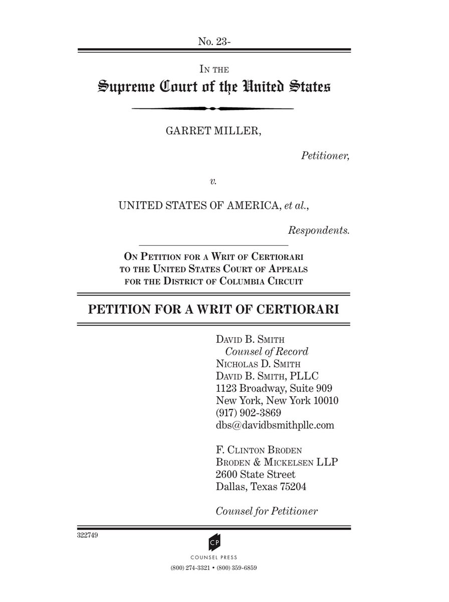 WeAre32937's tweet photo. 𝐏𝐞𝐭𝐢𝐭𝐢𝐨𝐧 𝐟𝐨𝐫 𝐚 𝐰𝐫𝐢𝐭 𝐨𝐟 𝐜𝐞𝐫𝐭𝐢𝐨𝐫𝐚𝐫𝐢 filed August 30 on Garret Miller's behalf

𝐐𝐔𝐄𝐒𝐓𝐈𝐎𝐍𝐒 𝐏𝐑𝐄𝐒𝐄𝐍𝐓𝐄𝐃

~Whether the obstruction-of-justice offenses in 18 U.S.C. § 1512(c) cover only acts that affect the integrity or availability of evidence, or whether they criminalize advocacy, lobbying and protest in connection with congressional proceedings that are neither inquiries nor investigations, such as Congress’s joint session to certify the Electoral College vote count.

~Whether § 1512(c)’s “corruptly” element requires proof that the defendant acted with the intent to obtain an unlawful benefit, or whether it merely requires proof that the defendant acted with an improper or wrongful purpose or through unlawful means.

https://t.co/1rsqv8R5NJ