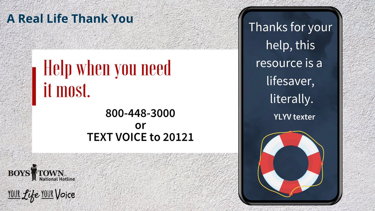 BoysTownHotline's tweet image. Let us help you find hope and support. Our hotline specializes in talking with kids, teens, and young adults. Call 800-448-3000 or TEXT VOICE to 20121. yourlifeyourvoice.org #SuicidePrevention #WithHelpComesHope