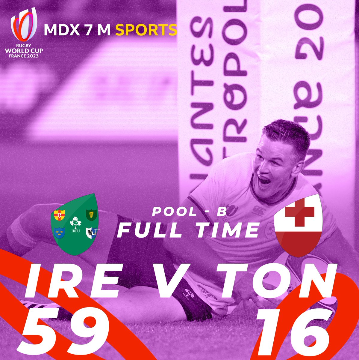 SportsMdx's tweet photo. FT : โฑ๏ธThe Irish run riot โ who can stop them? ๐
Ireland ๐ฎ๐ช 59-16 ๐น๐ด Tonga
#MDX7MSportsRugby | #RWC2023 | #IREvTON | #RugbyWorldCup | #Coupedumondederugby | #IREvsTON | #Ireland | #Tonga #IREvTGA https://t.co/25vmq9awiZ