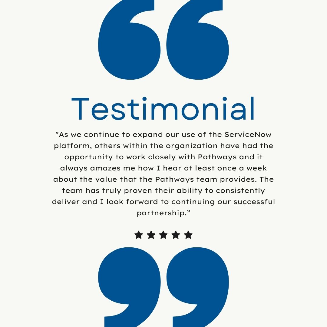 Pathwayscg's tweet photo. We strive to provide consistent value and top-notch solutions. Hearing from our clients that we're meeting those goals is easily the best part of our day!

#consultinggroup #consulting #itservices #techindustry #servicenowelitepartner   #servicenowsupport #shoutout #testimonial https://t.co/S2rcNxh9bX