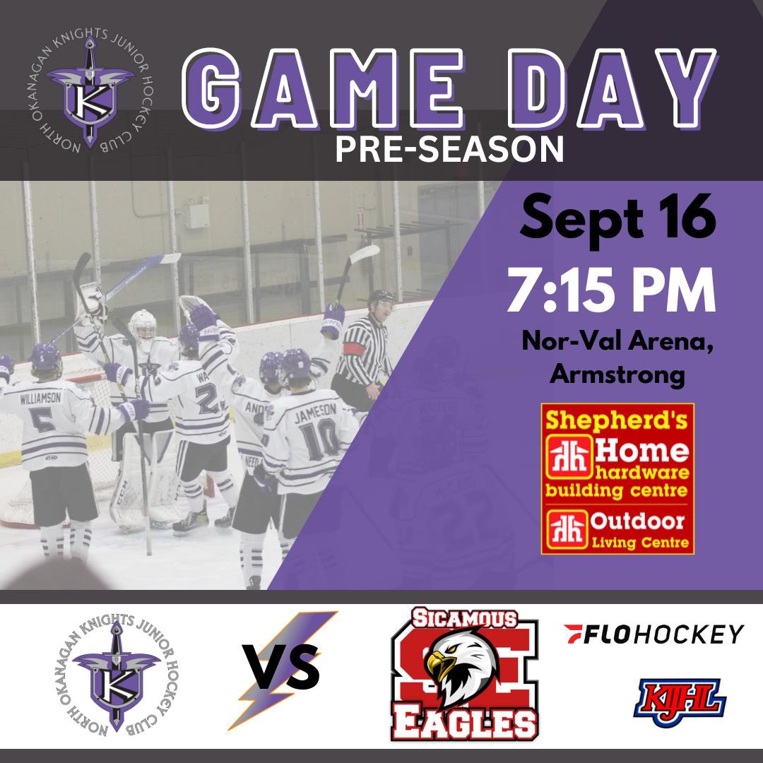 Knights hockey is back in Armstrong! We make our pre-season home debut tonight at 7:15 against the Sicamous Eagles. Come watch at the Nor-Val, or tune in online on Flo Hockey.