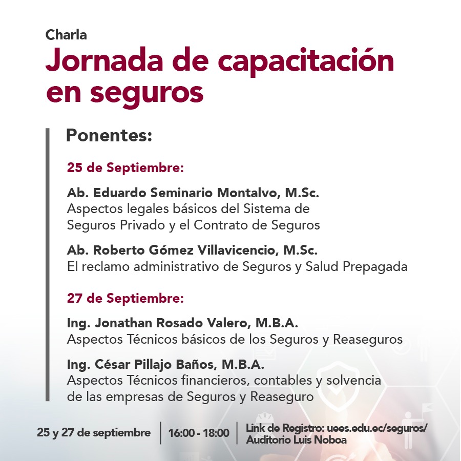 uees_ec's tweet photo. Los invitamos a la Jornada de Capacitación en Seguros organizada por la facultad de @EconomiaUEES, @DerechoUEES y la @SuperciasEC. 📊💯

📆 25 y 27 de septiembre
🕔 16:00
📍 Auditorio Luis Noboa

Registro:
🔗 https://t.co/cxeQhrSoCQ https://t.co/dXqoTBDrS3