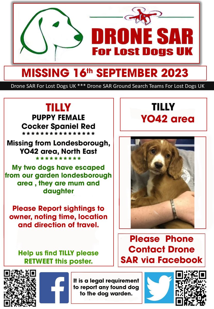 #LostDog #Alert TILLY
Female Cocker Spaniel Red (Age: Puppy)
Missing from Londesborough, York YO42 , YO42 area, North East on Friday, 15th September 2023
Lost with her mum #DroneSAR #MissingDog