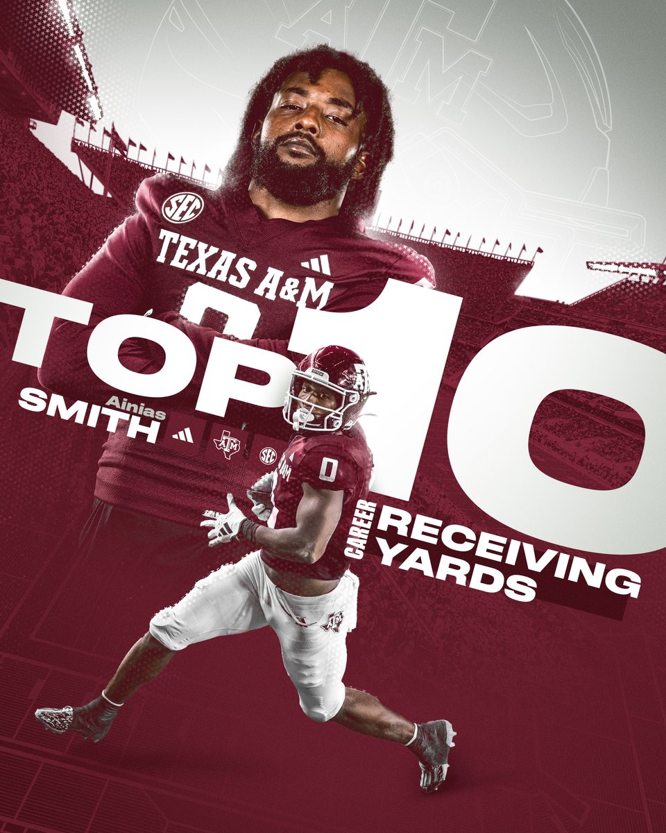 Texas A&M Football (@aggiefootball) on Twitter photo #SubZero🥶 climbing up the record book.
In the first half, <a href="/ainias_smith/">Ainias Smith</a> moved in the top-10 all-time at Texas A&M in career receiving yards! #SubZero🥶 climbing up the record book.
In the first half, <a href="/ainias_smith/">Ainias Smith</a> moved in the top-10 all-time at Texas A&M in career receiving yards!