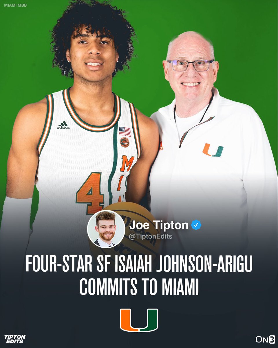 NEWS: 2024 four-star small forward Isaiah Johnson-Arigu tells me he’s committed to Miami. 

“I chose Miami because it has all the things necessary to get me to the next level.”

Story: on3.com/college/miami-…