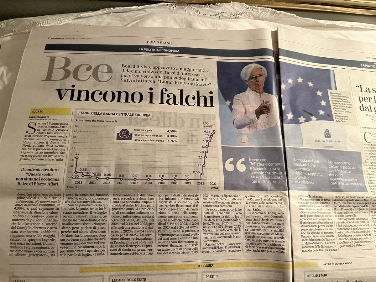 paoloangeloRF's tweet photo. #goria” se non è l’ultimo passo, poco ci manca. La #bce rialza i tassi d’interesse di ulteriori 25 punti base la decima strette consecutiva. Vince ancora il fronte del nord,guidato dalla Germania. Ma la presidente #lagarde lascia intendere che si è raggiunto livello adeguato https://t.co/D0hZ1ky2j1