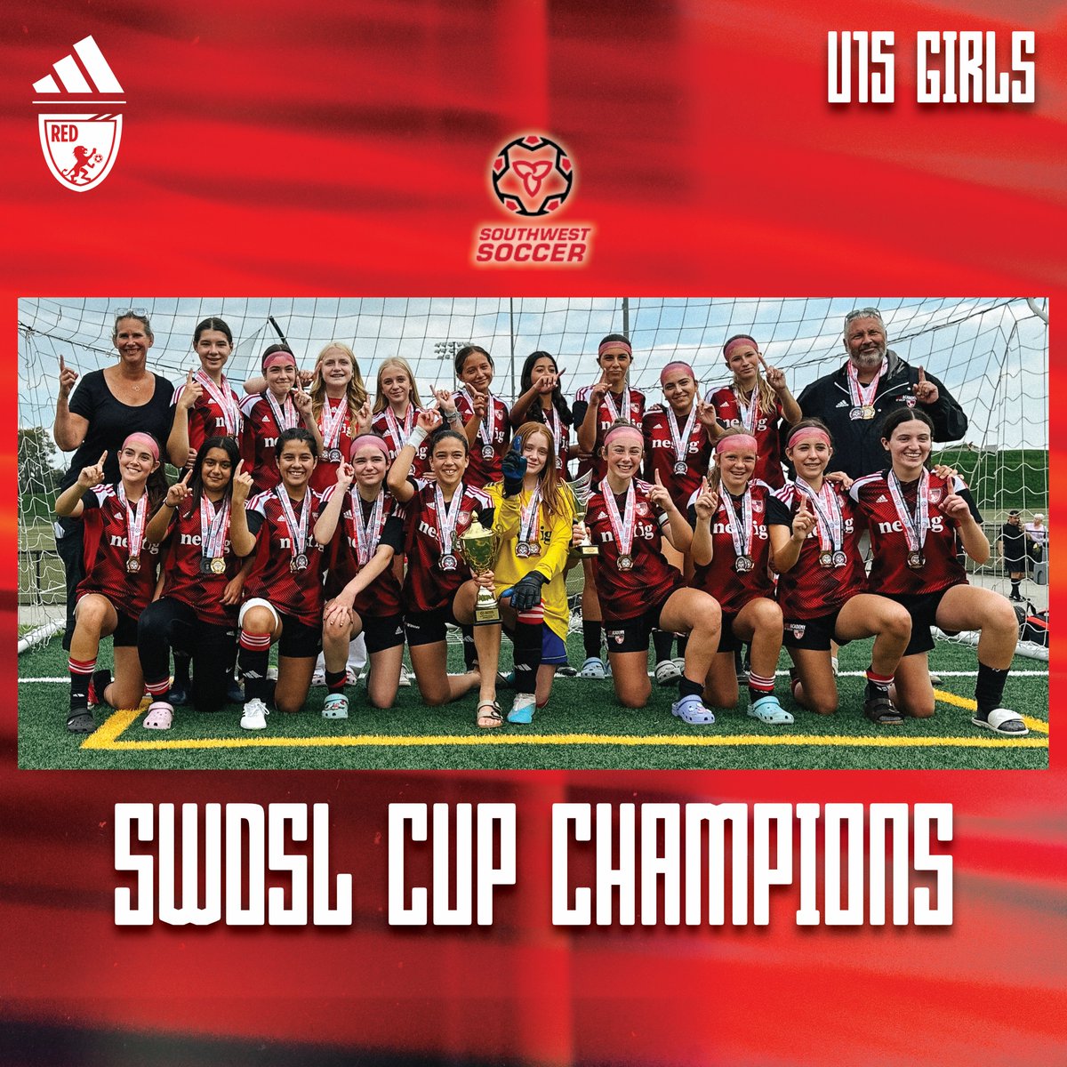 REDacadofsoccer's tweet photo. CHAMPIONS! 🏆 

Congratulations to our U15 Girls, SWDSL Cup Champions! 

The girls have won the league and cup double as they move up to L3 next summer. Congratulations, girls! 

#redacademyofsoccer https://t.co/VXvOlC5eMN