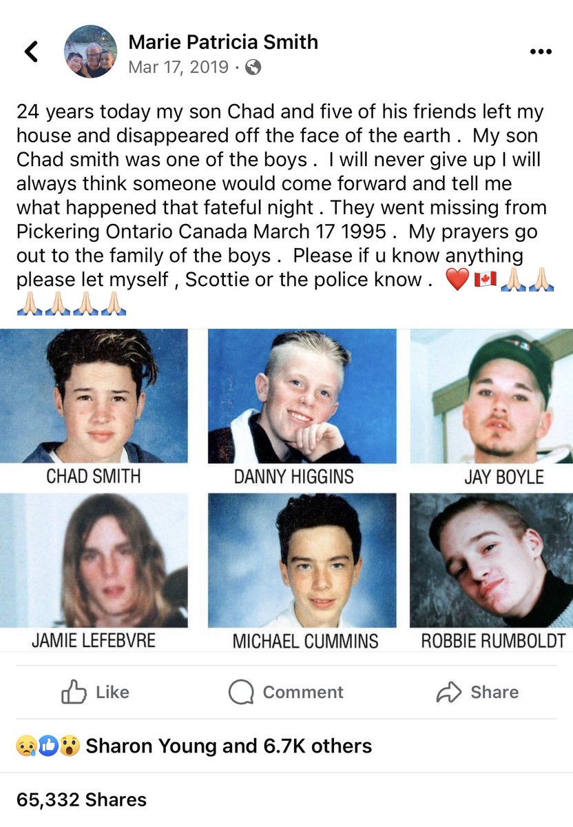 LaurenLee_915's tweet photo. I stumbled upon this desperate mother’s 2019 FB post last night and cannot believe I never heard of this case. Heartbreaking. 

The boys were seen breaking into a marina in the early morning hours of March 17, 1995 over by Lake Ontario. Local police believed they may have stolen a boat and experienced tragedy offshore, but Bruce Ricketts, a PI for the families who’s worked the case since 2010, thinks there’s more to the story. I’ve copied a press release he shared in 2022 below. 

What happened to Chad Smith, Danny Higgins, Jay Boyle, Jamie Lefebevre, Michael Cummins and Robbie Rumboldt? 

I hope for all of their families that answers will be found. No parent should ever have to wonder what happened to their child. 

PI Ricketts helps manage the “Lost Boys of Pickering” FB page and has written a book, “The Lost Boys of Pickering: What We Know and What We Believe” to share full details of his findings. He has also established a tip line, urging potential witnesses to come forward. 

#LostBoysOfPickering #Ontario #Canada #Missing