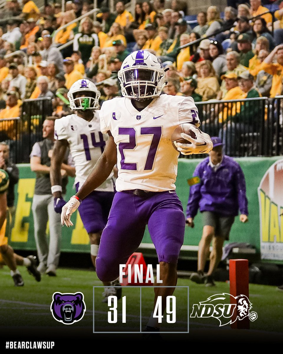 Bears battle hard against No. 2 Bison. ShunDerrick Powell with 218 rushing (12.1 per carry), 30 rec., pair of TDs. Will McElvain 23 of 31 for 210 yds. #BearClawsUp x #FearTheStripes