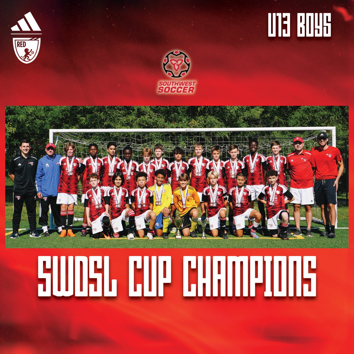 REDacadofsoccer's tweet photo. CHAMPIONS! 🏆 

Congratulations to our U13 Boys, SWDSL Cup Champions! 

The boys have won the league and cup double as they move up to L3 next summer. Congratulations, lads! 

#redacademyofsoccer https://t.co/qqhjh1kDd4