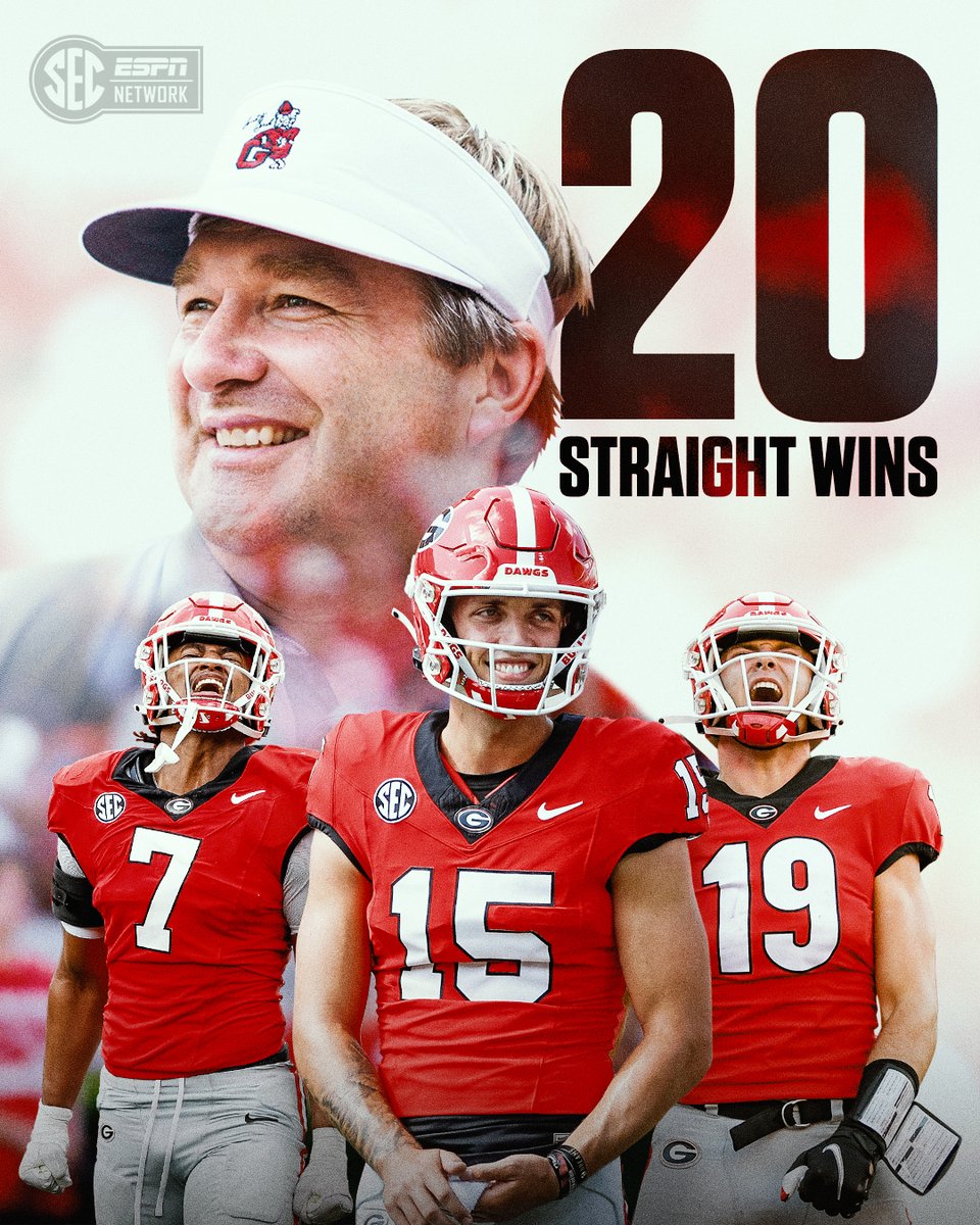 SECNetwork's tweet photo. 🗣 How 'bout them DAWGS‼️ 

@GeorgiaFootball becomes the eighth team in SEC history to win 2️⃣0️⃣ straight games. https://t.co/t766dMv1LS