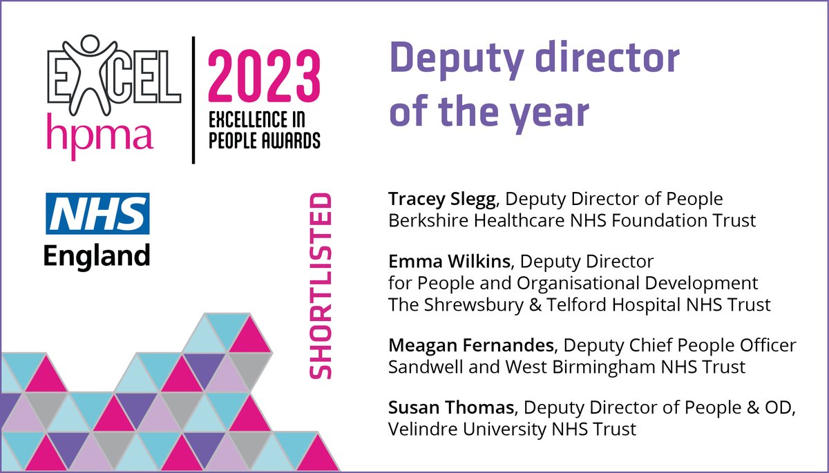 Good luck to our finalists tonight in the Deputy Director of the Year category:
Tracey Slegg <a href="/BHFT/">Berkshire Healthcare</a> 
Emma Wilkins @ema28 <a href="/sathNHS/">SaTH</a> 
<a href="/MeaganFernsNHS/">Meagan Fernandes</a> <a href="/SWBHnhs/">SWB NHS Trust</a> 
Susan Thomas <a href="/VelindreTrust/">Velindre University NHS Trust</a> 
#HPMAAwards #Passion4People
<a href="/people_nhs/">We Are NHS People 💙</a>