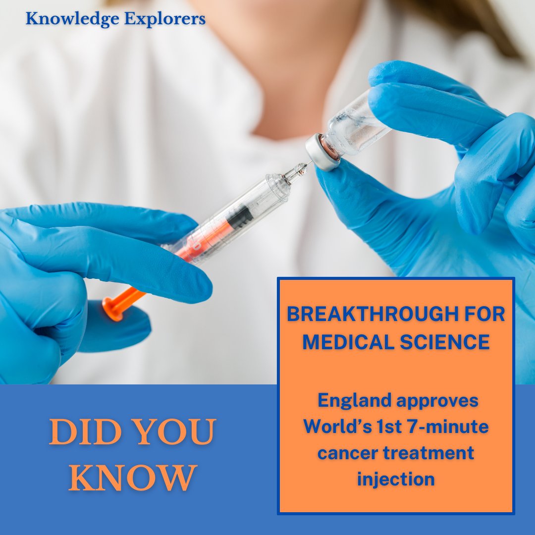KnowledgeExp1's tweet image. BREAKTHROUGH FOR MEDICAL SCIENCE! England&apos;s approval of the world&apos;s first 7-minute cancer treatment injection is a giant leap forward in healthcare. Join us at Knowledge Explorers for more updates!  #MedicalBreakthrough #CancerTreatment #KnowledgeExplorers #ScienceMilestones