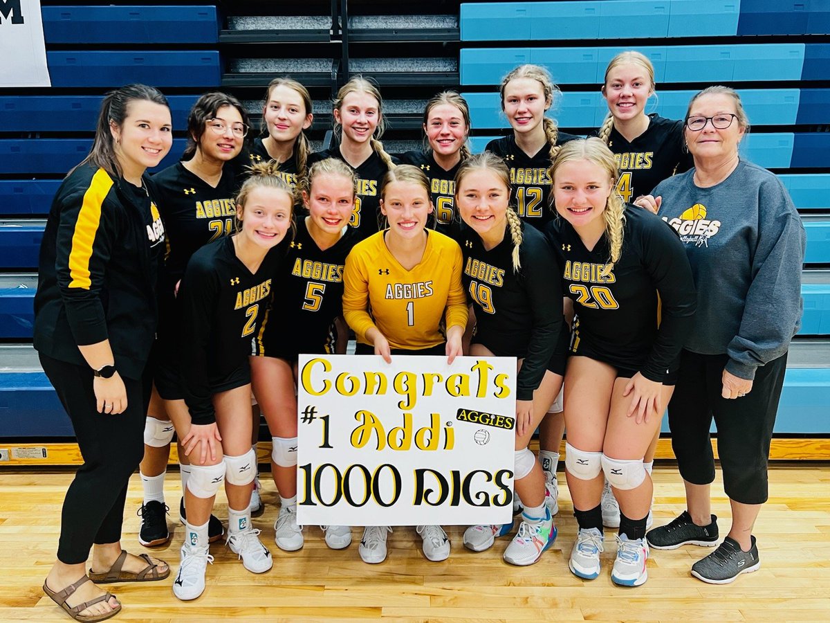 MissBScience1's tweet photo. Big day for senior Addi Skibicki as she recorded career dig 1,000 today! This is a milestone not many players reach, and we are so proud of her for everything she has accomplished 💛

#PRFLaggies #aggiesstrong https://t.co/agI3I0kDot