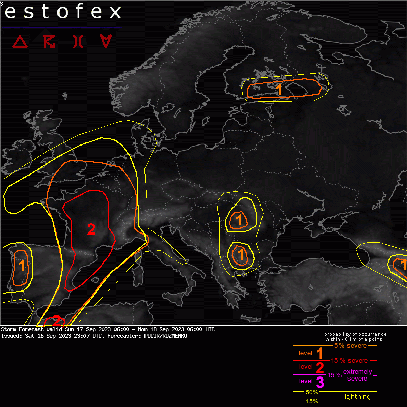 A large part of Europe may experience severe convective storms on Sunday! All hazards will be possible in a belt from E Spain to N France. For details, read the forecast here: estofex.org/cgi-bin/polygo…