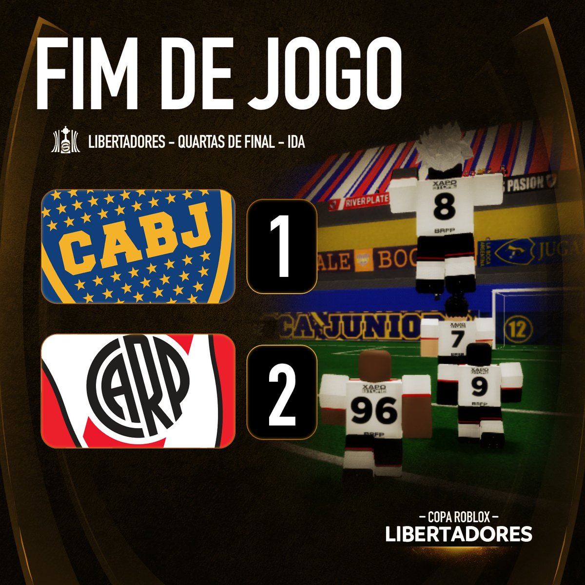 ⏰ FIM DE JOGO NO LA BOMBONERA!
O Boca Juniors perde o Jogo de Ida EM CASA e de VIRADA, resultando num placar de 2×1 para o River Plate!

O jogo de volta acontece no dia 23 de setembro, às 19h!
