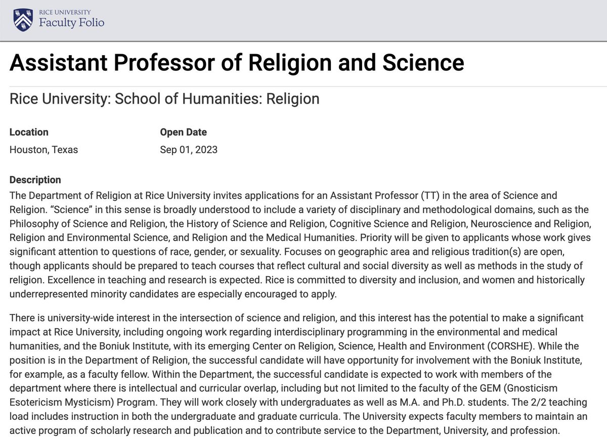clements_niki's tweet photo. 📣📣📣Job opening at Rice University for a TT Assistant Professor position in Science and Religion. 
"Science" is understood very broadly; hoping to make a hire whose work gives significant attention to Qs of race, gender, or sexuality &amp; teach methods!
https://t.co/J1rynAIVkH https://t.co/8ojLuyePoO