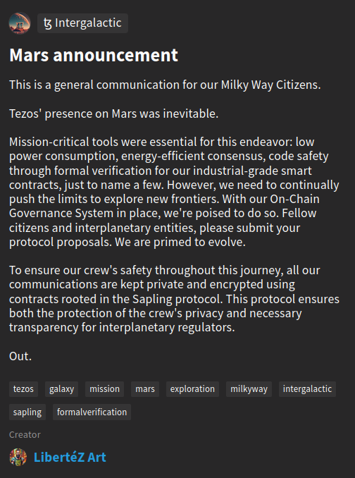 libertez_baker's tweet photo. This is Baker #1984 speaking directly from Mars, we got an announcement for our Milky Way Galaxy Citezen:

🌐 New #Tezos Collection 📢: ꜩ Intergalactic

1⃣/1⃣ Edition
🔗👇

#FormalVerification #SaplingProtocol https://t.co/R8e4UBQdYU